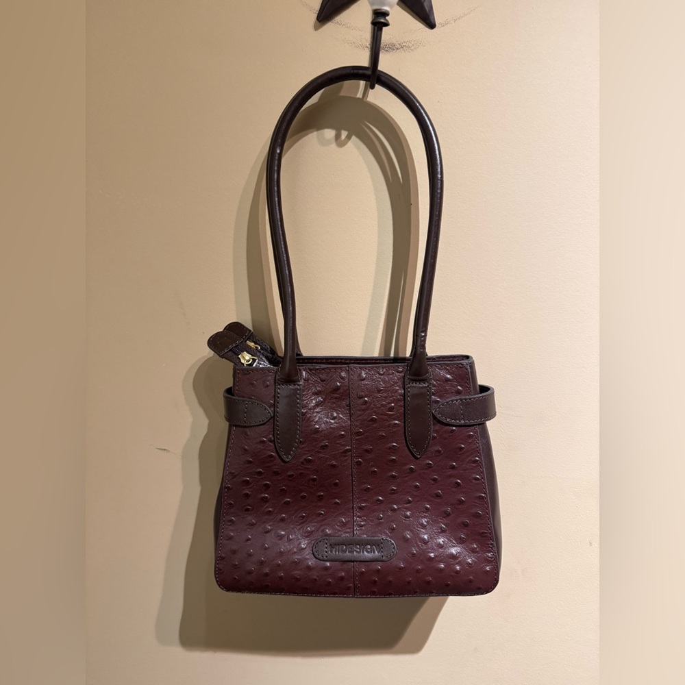 Hidesign EE Shanghai 03 Brown Ostrich Embossed Leather Shoulder Bag EUC